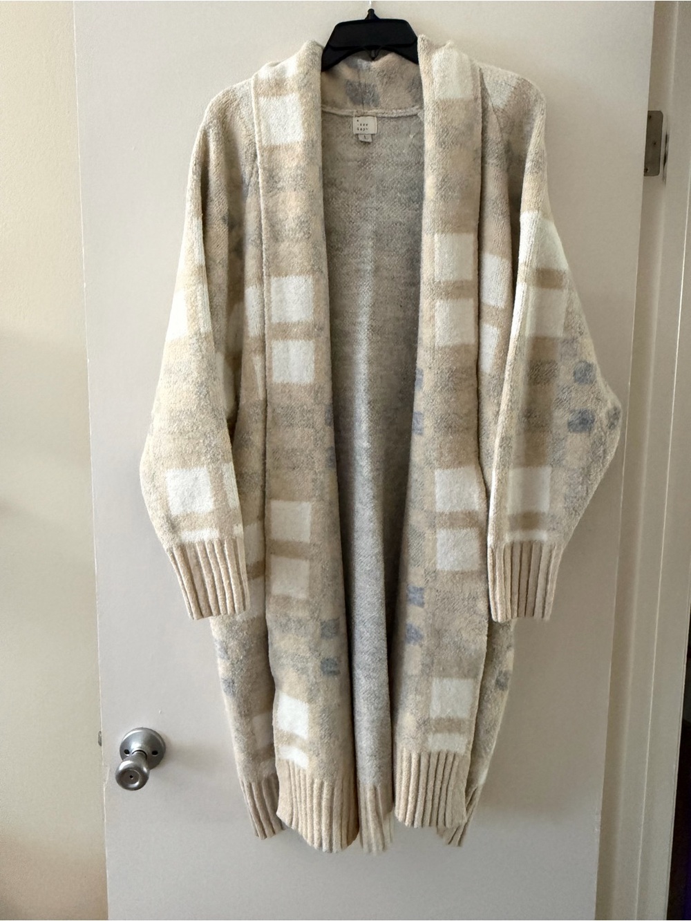 Cozy Open-Front Beige Plaid Cardigan Sweater